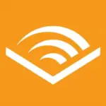 Weißes Hörbuch-Logo auf orangefarbenem Hintergrund, Wellen- und Buchmotiv darstellend.