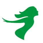 Grüne Silhouette einer stilisierten Frau im Profil mit wehenden Haaren auf weißem Hintergrund.